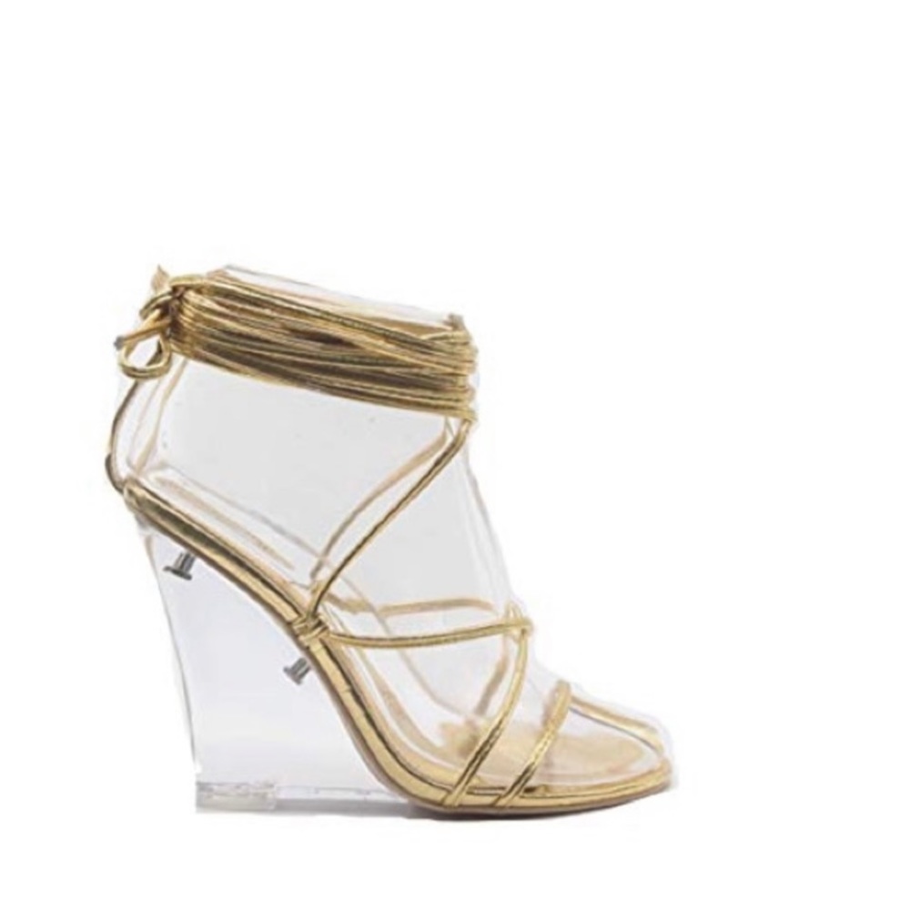 Cape Robbin Fallen Gold Strap Up Clear Heel Wedge Heels